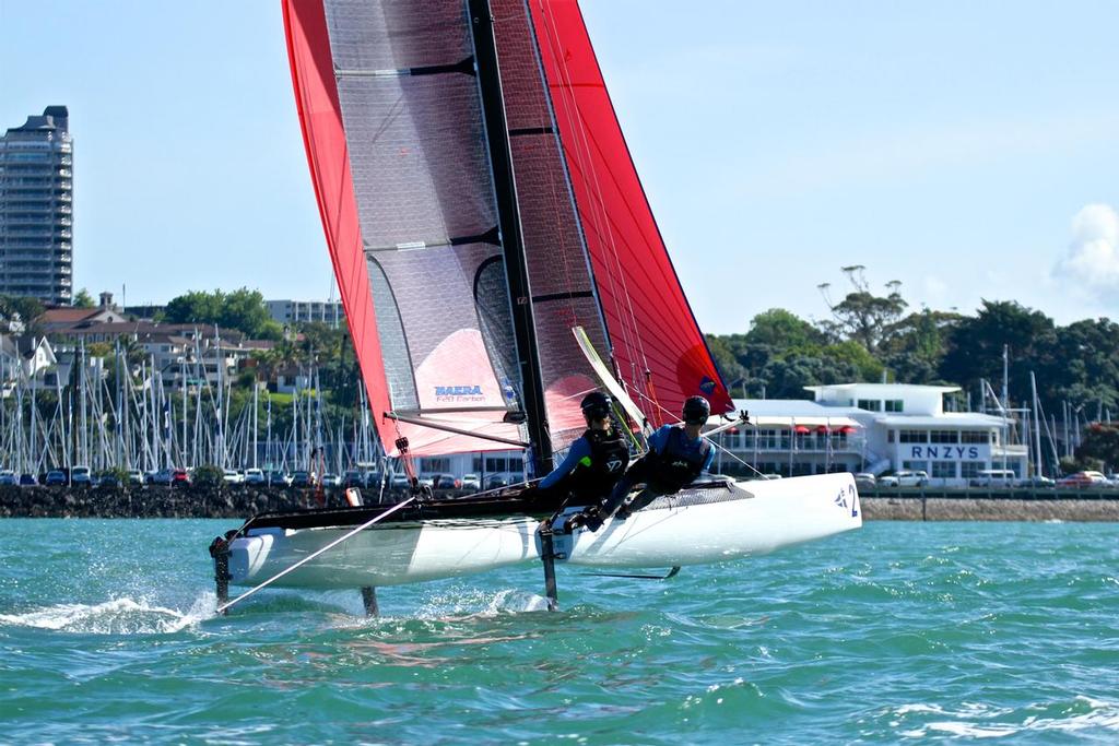 Nacra 20 with the RNZYS in the background - December 6, 2017, Waitemata Harbour © Richard Gladwell www.photosport.co.nz